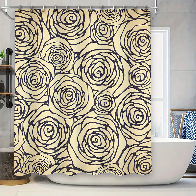 Home Bathroom Remodel - 素朴なヴィンテージバスルームの装飾花柄シャワーカーテンセット家庭用バスリノベーションブラックローズクリーム生地防水シャワー