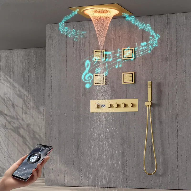 Home And Bathroom - スマートLEDシャワーセット 浴室音楽内蔵レインフォールシステム ブラックマット 壁掛け式 高級スパ ホームホテル装飾ギフト