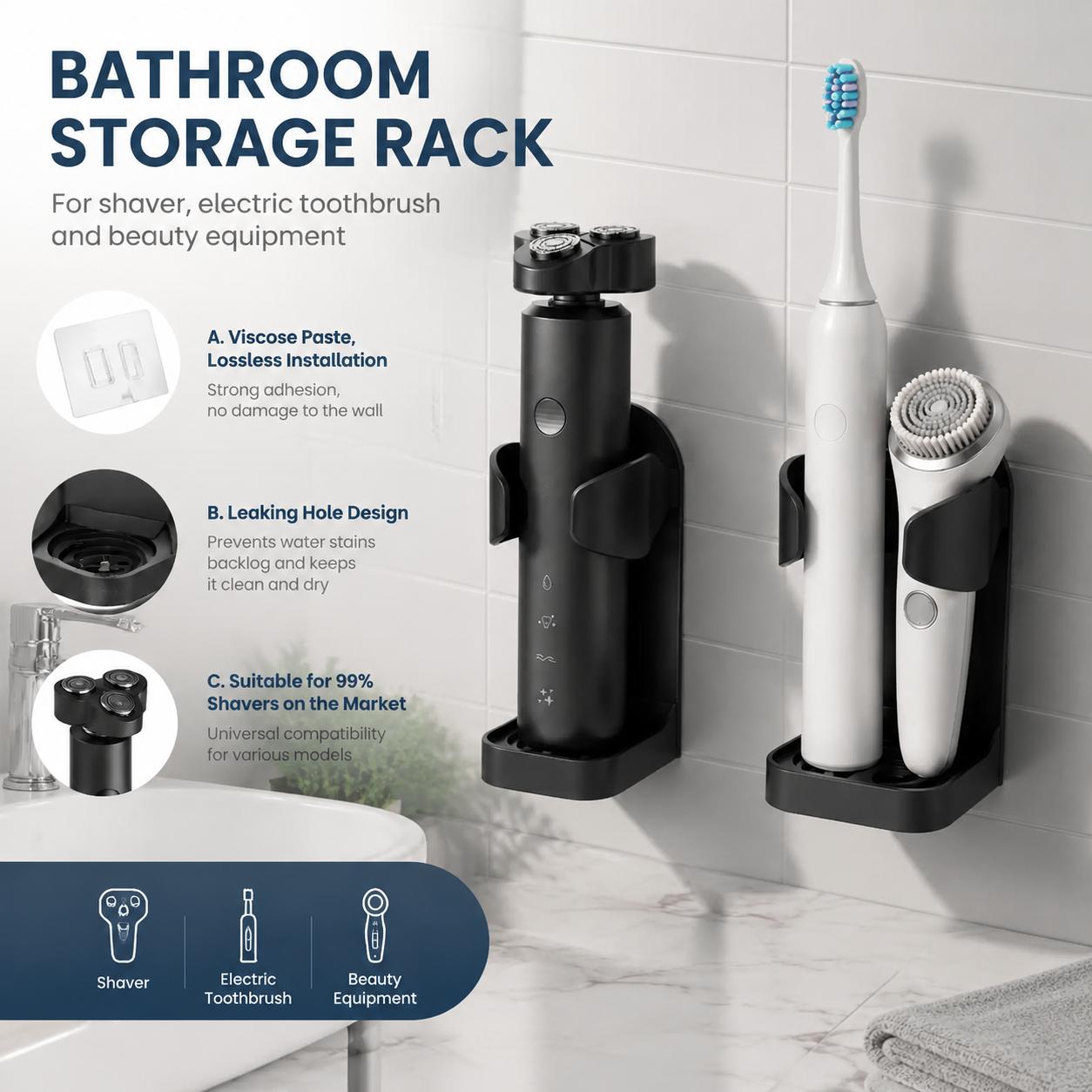 Home Essentials Bathroom Rack - 自己粘着式ドリル不要防水歯ブラシホルダー壁掛けバスルームオーガナイザー、カミソリスタンド付きシェーバーラック、多機能シャワーアクセサリー、男性女性用、家庭必需品、簡単設置、ドリル不要、防水粘着マウントでしっかり固定