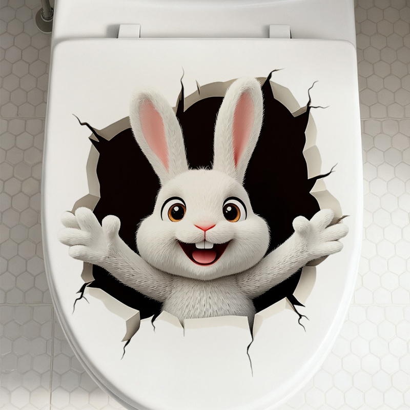 Home Bathroom Tiles Design - 2Dフラットワンピースタイプの楽しい動物をテーマにしたイースターウォールステッカー、トイレ用、かわいいウサギの穴デザイン、PVC製の家の装飾用ウォールデコレーション、ガラス、タイル、バスルーム、レストラン、流行の店、カフェ、ウォールデカールに最適、可愛くて実用的なステッカー、居心地の良い空間を簡単に作ることができます。