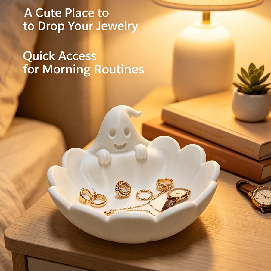 Home Essentials Bathroom Rack - 多機能マットホワイトゴースト型ジュエリー収納トレイ、かわいいゴーストデザインの波型エッジジュエリートレイ、ジュエリープレート、指輪イヤリングネックレス収納ラック、ジュエリーディスプレイスタンド、化粧台ベッドサイドテーブル玄関浴室デスクトップ収納トレイ、ソフトマット仕上げのモダンミニマリスト北欧スタイル、日用品トレイ、毎日のジュエリー収納、自宅寝室カウンタートップ装飾、女の子へのギフト、花嫁介添人ギフト、素晴らしいアイテム。