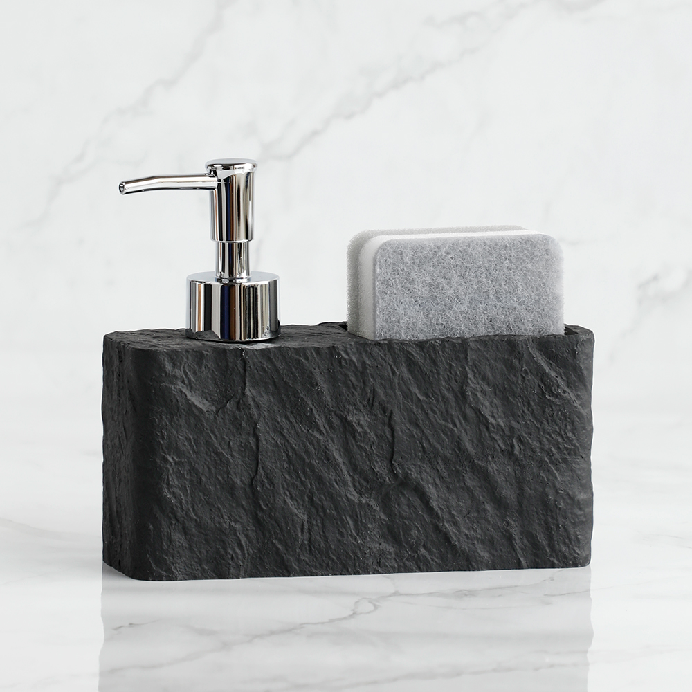 Home Bathroom Soap Dispenser - スポンジ付きソープディスペンサー キッチンシンクとバスルーム用ソープディスペンサー イミテーションブラックロック液体ハンド＆ディッシュソープディスペンサー