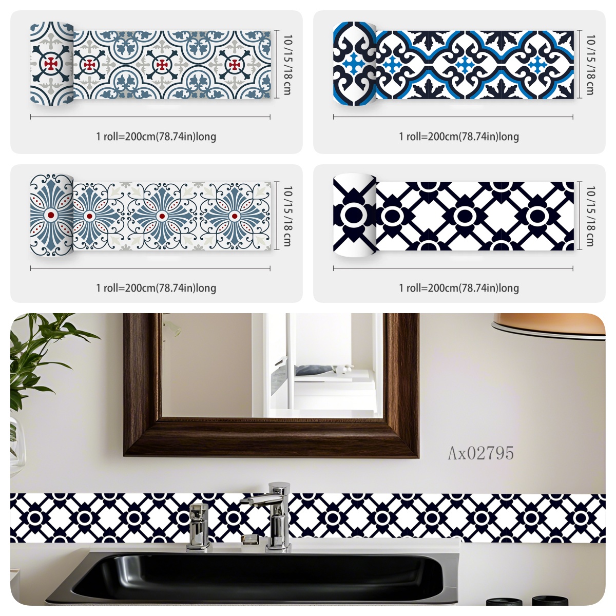 Home Bathroom Tiles Design - ボヘミアン地中海タイルボーダーステッカー 複数デザイン 防水ピールアンドスティックデカール キッチン、バスルーム、家の装飾用