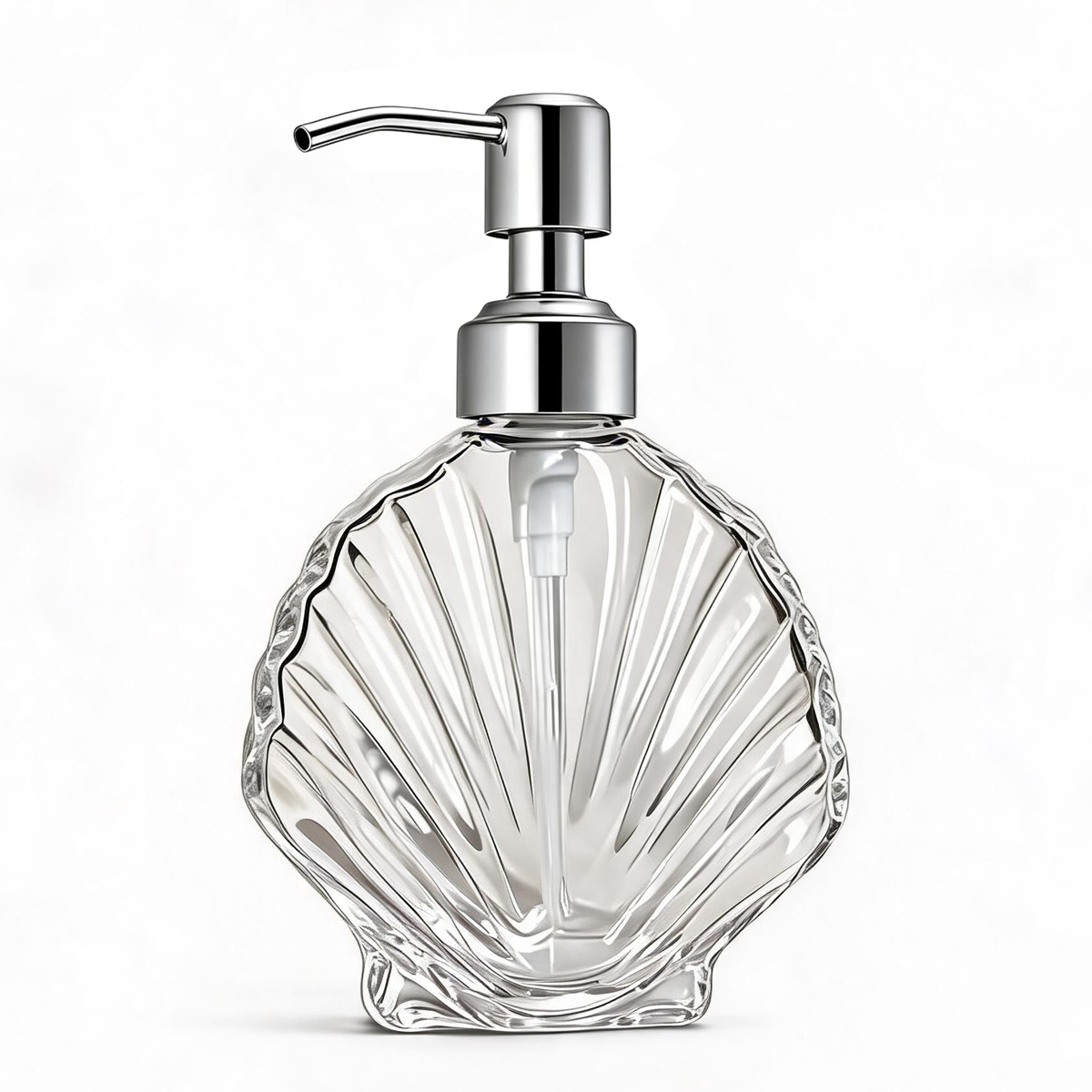 Home Bathroom Soap Dispenser - 装飾的な貝殻ガラス製ソープディスペンサー、ステンレス製ポンプ付き、詰め替え可能な液体石鹸ボトル、バスルームキッチン用、300ml