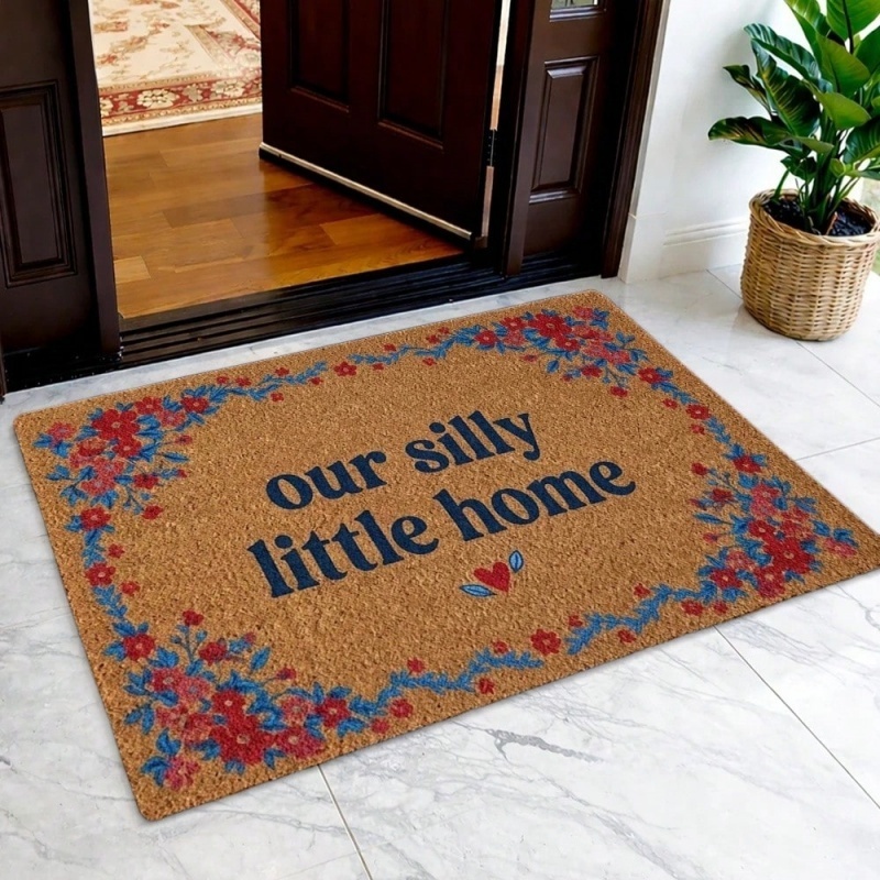 Home Outdoor Bathroom - 最新の「Our Silly Little Home」花柄ボーダーコイルプリントドアマット滑り止め玄関ドア装飾フロアマット