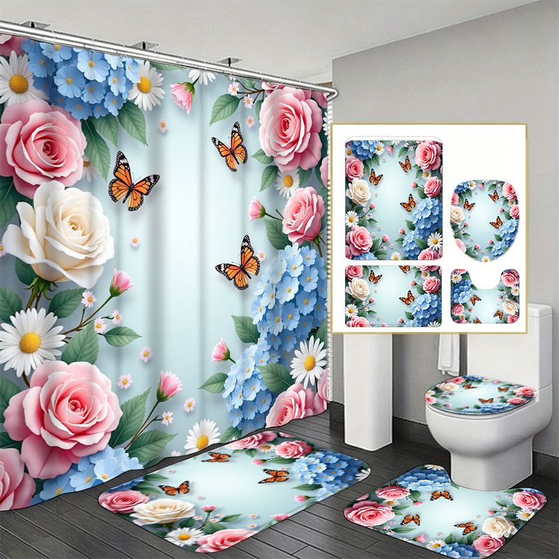 Home Bathroom Remodel - バラとアジサイと蝶のボーダー柄バスルーム4点セット、ピンクと白のバラ、青いアジサイとモナーク蝶のボーダーパターン、美しい花柄のバスルーム装飾、モダンなホームデコレーション、バスルームリノベーションのためのおしゃれなバスルームアクセント、ロマンチックなガーデンテーマ