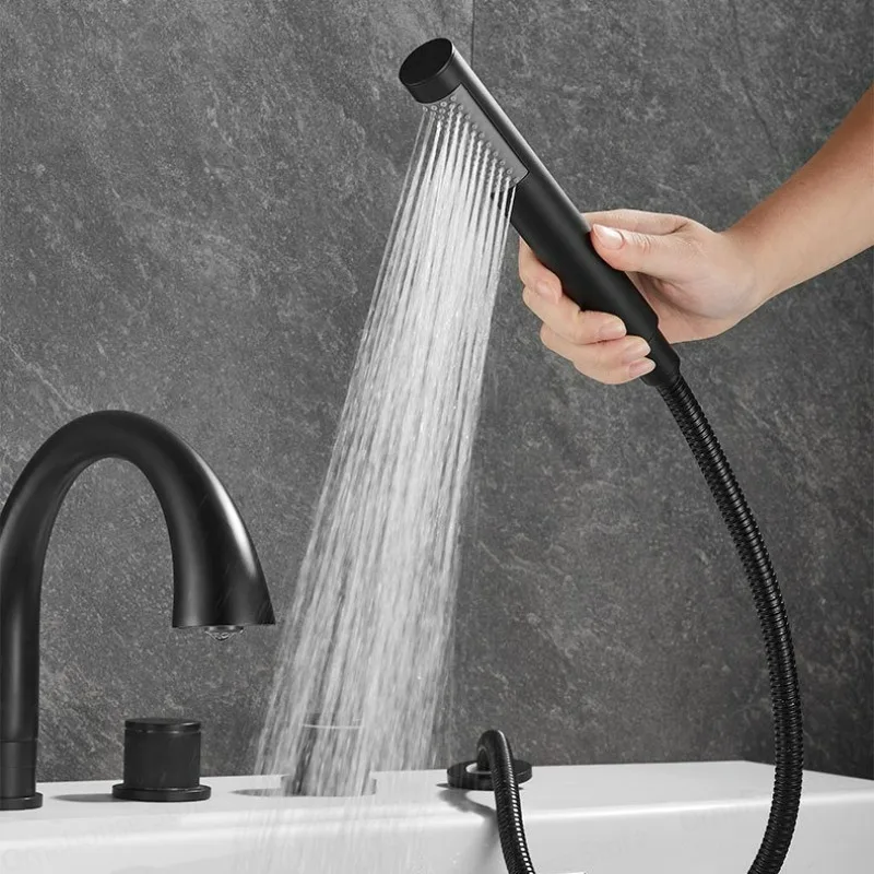 Home Bathroom Tub - ブラッシュゴールド仕上げの浴室用蛇口、ハンドシャワー付き真鍮製バスタブミキサータップ、冷温水対応ハンドヘルドタブスパウト、ホテルや家庭用