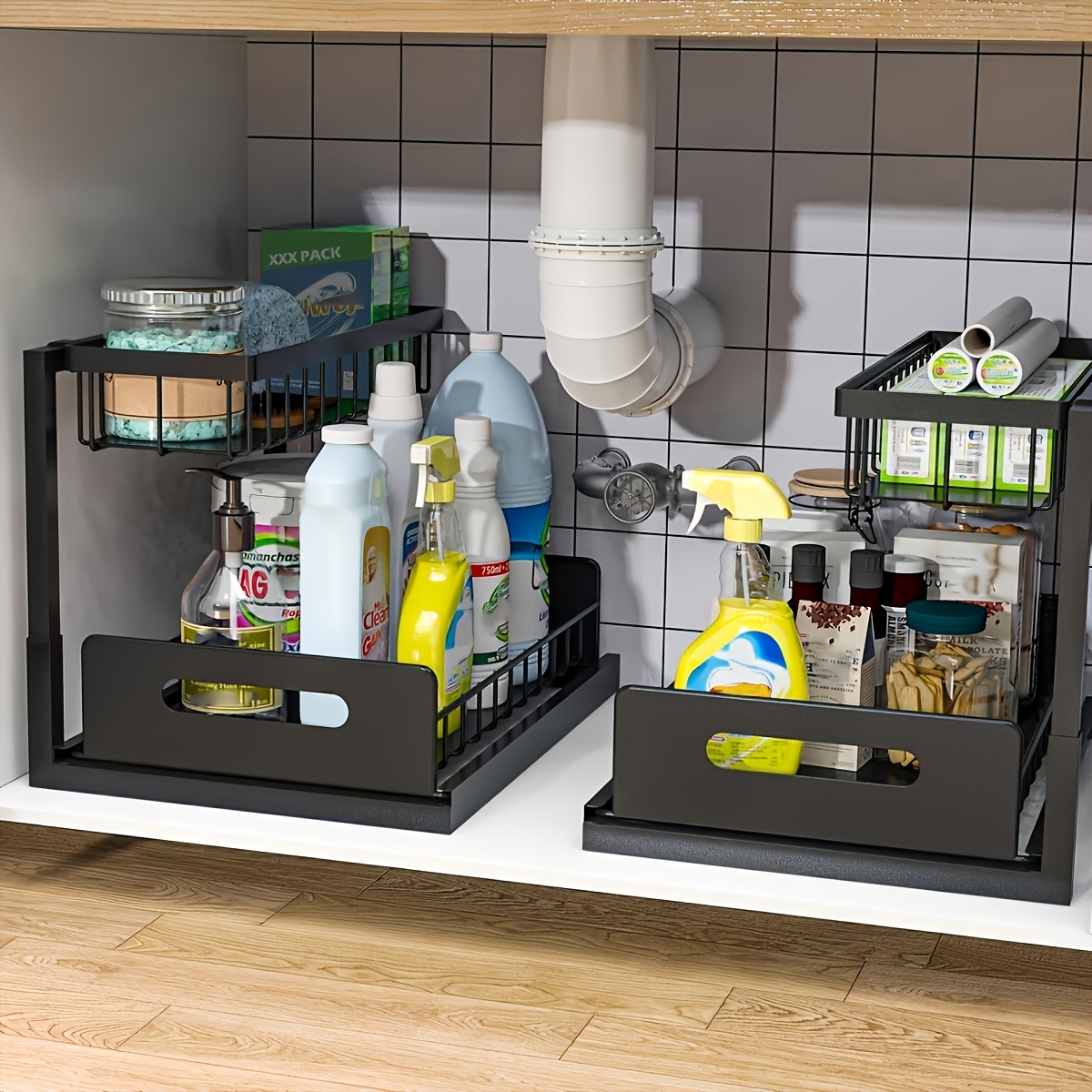 Home Essentials Bathroom Rack - シンク下キッチン収納ラックセット - バスルーム、パントリー、キャビネット用のスライド式メタル引き出しオーガナイザー 家庭用必需品