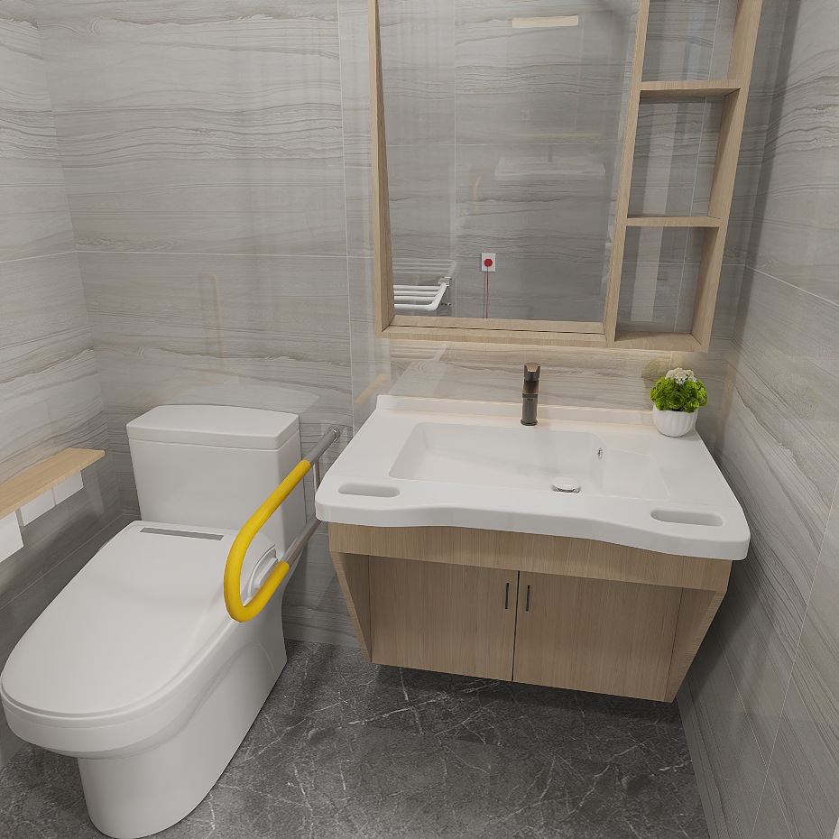 Home Bathroom Remodel - 高齢者向け浴室キャビネット 介護施設向けシニアフレンドリーな浴室リフォーム ハンドル付き一体型洗面台キャビネット 手洗い用