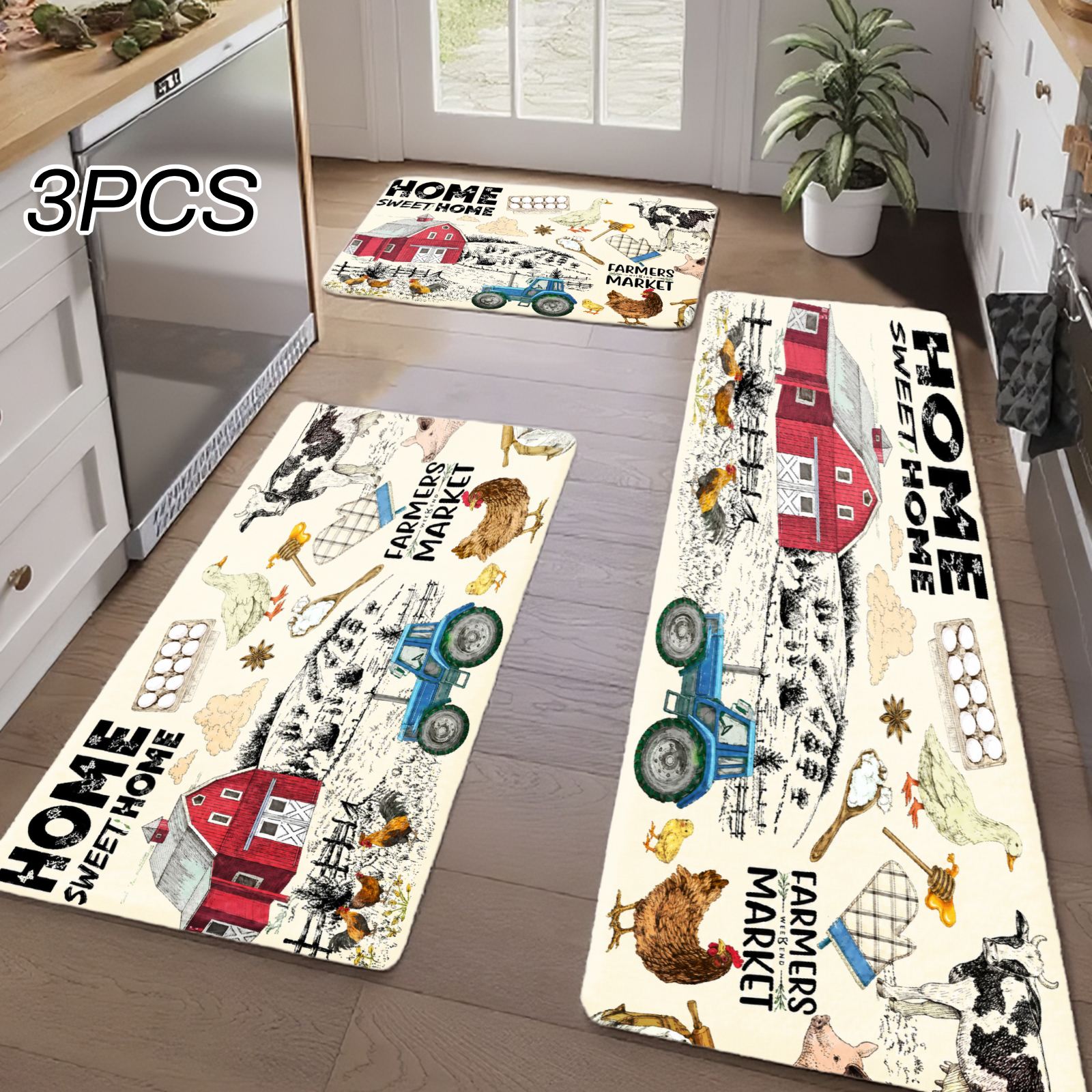 Home Kitchen Bathroom Marketing - 3PC キッチンラグ、玄関ドア、キッチン、バスルーム用の家の装飾、ホームスイートホームファームハウスマーケットトラクターダイニングマット