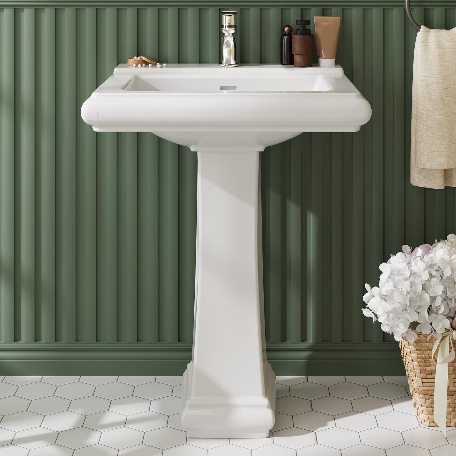 Home Bathroom Remodel - 台座式洗面器、正方形セラミック製、シングルホール蛇口取り付け、大型洗面台、家庭用洗面化粧台やリフォームに最適、清潔でモダンな台座式、住宅用浴室向け