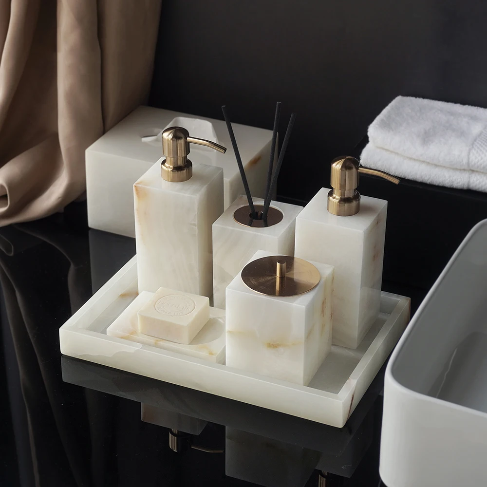 Zara Home Bathroom - 白オニキス天然大理石バスルームアクセサリーセット エレガントなソープディスペンサー ティッシュボックス バニティトレイ バスルームセット