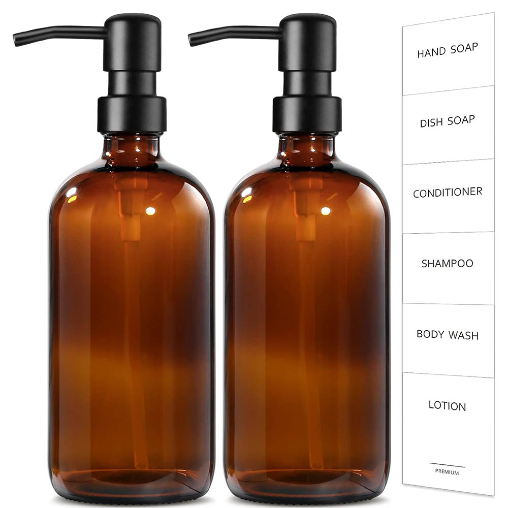 Home Bathroom Soap Dispenser - 琥珀色のガラス製ソープディスペンサー、2個パック、17オンス、キッチン/バスルーム用ハンドソープディスペンサー、ステンレススチール製ポンプ付き、空のソープディスペンサー