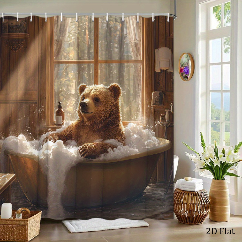 Home Bathroom Tub - 浴槽で入浴している楽しい茶色のクマが描かれたクマのシャワーカーテン、バスルームの装飾、自然をテーマにしたホームカーテン