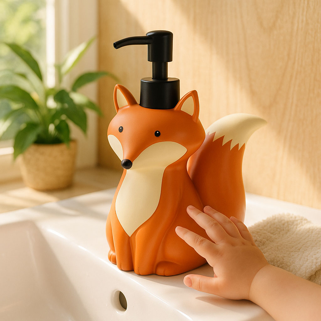 Zara Home Bathroom - かわいいキツネのソープディスペンサーボトル 320ML/500ML – 手の石鹸、シャンプー、シャワージェル、子供のバスルームの装飾用の詰め替え可能な動物デザイン