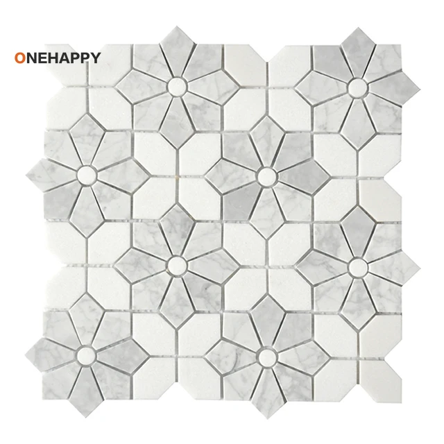 Home Bathroom Tiles Design - キッチンとバスルーム用のモザイク大理石タイル、花の形のデザイン、白とミックスされたビアンコホワイト、バック スプラッシュ、バスルームの壁、ホーム