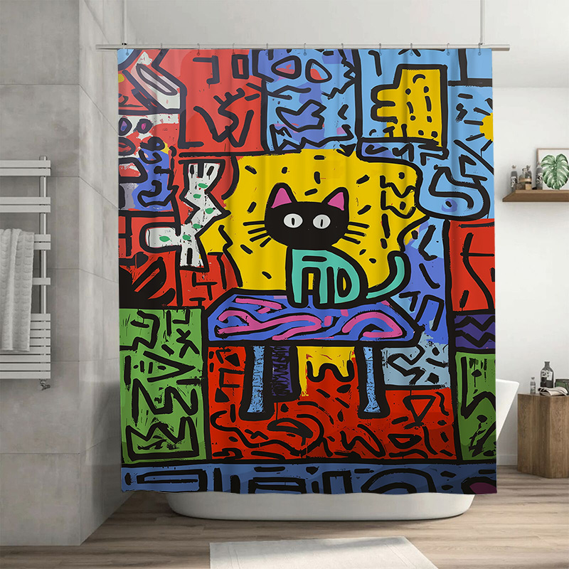 Home Bathroom Remodel - カラフルな落書きシャワーカーテン、抽象的な猫のデザインが特徴のモダンなバスルームの装飾、家庭用バスのリフォームに