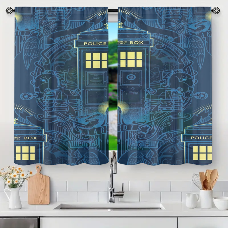 Home Bathroom Called - ヴィンテージブルーグラフィック警察電話ボックスカーテンパネル装飾テンションロッドドレープキッチンバスルーム窓用アールデコスタイルホーム