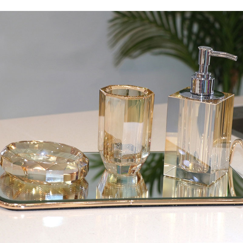 Zara Home Bathroom - 天然クリスタルバスルームセットポータブルソープディスペンサーシャンプー空ボトルアンバーカラー入浴用品マウスウォッシュカップ収納トレイ