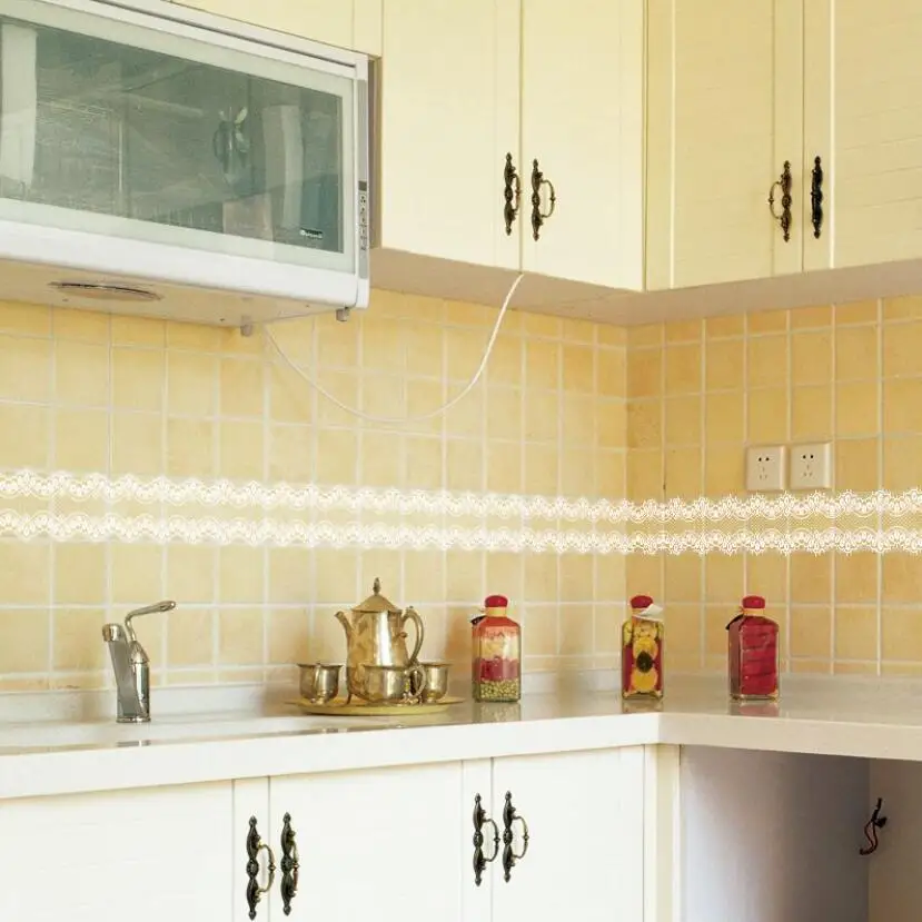 Home Bathroom Tiles Design - 甘いレースデザイン壁紙ボーダーステッカーキッチンタイルウエストライン窓ドアステッカー Diy バスルーム家の装飾 Ez060
