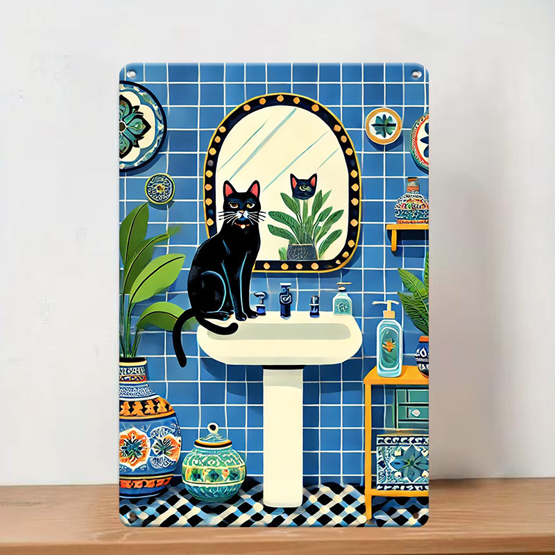 Home Bathroom Tiles Design - ヴィンテージ黒猫メタルティンサイン - 黒猫と青いタイルのデザインが施された風変わりなバスルームの壁飾り、家、バー、カフェに最適