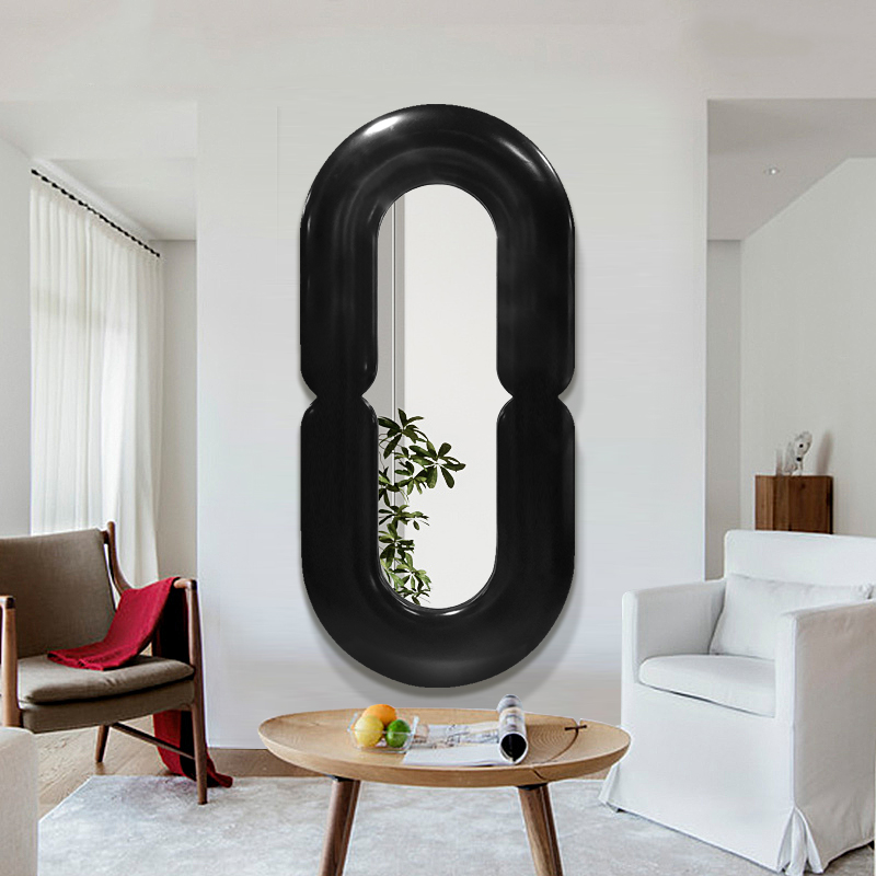 Home Goods Bathroom Mirrors - ファンキーなメンフィス風オーバル型黒色壁掛け鏡、女の子向け北欧風ロング装飾フレーム付き浴室鏡