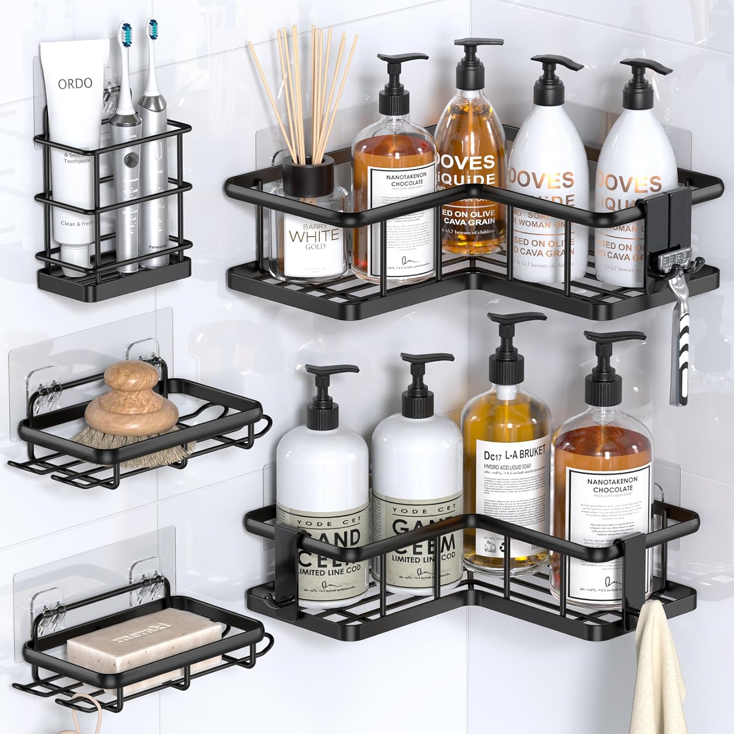 Zara Home Bathroom - コーナーシャワーキャディー、5個パックのシャワーオーガナイザーコーナー、石鹸ホルダーと4つの取り外し可能なフック付き、錆びないコーナーシャワーシェルフ、シャワー内部用の穴あけ不要シャワーシェルフ、ランダムカラーから選択可能
