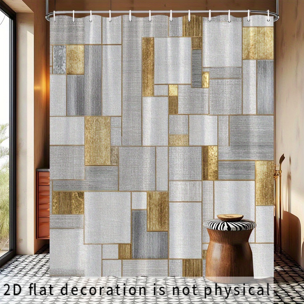 Home Bathroom Tiles Design - 防水幾何学模様タイルシャワーカーテンモダンゴールドシルバーパネルデザイン高級バスルームホームデコレーションカーテン