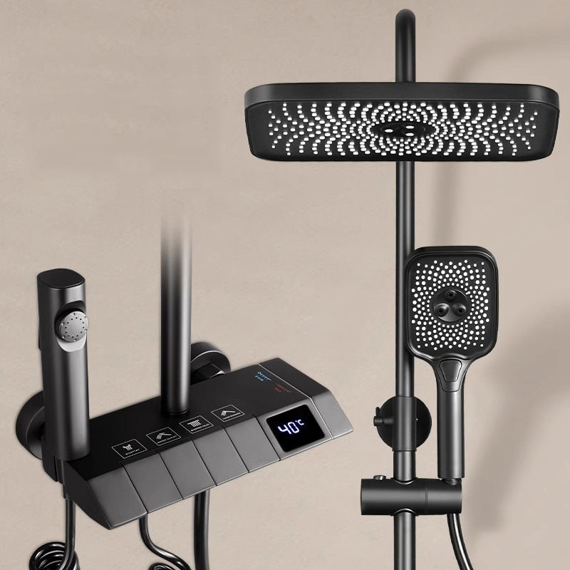 Shower Head Rain - シャワーセット、高級バスルーム壁掛けスマートホワイトグレーピアノLEDデジタルディスプレイレインシャワーセットシステム（シャワーヘッドと蛇口付き）