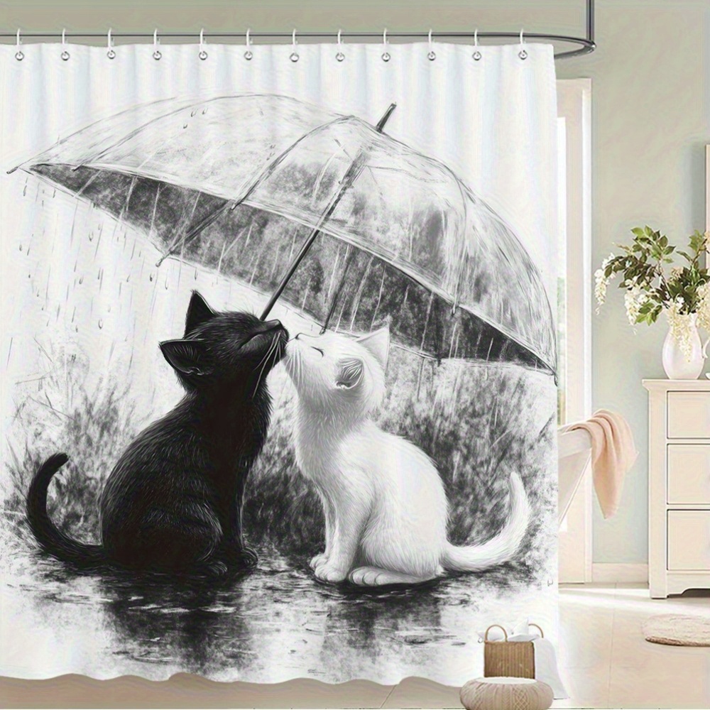 防水浴室シャワーカーテン猫子猫傘雨描画アート家の装飾ペットシ - Home Bathroom Tiles Design のレビューと価格
