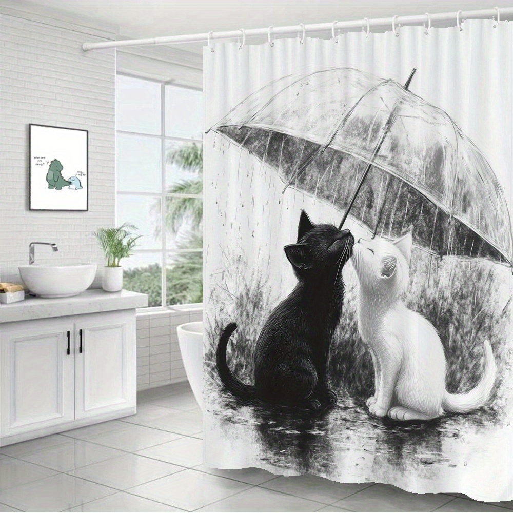 防水浴室シャワーカーテン猫子猫傘雨描画アート家の装飾ペットシ - Home Bathroom Tiles Design のレビューと価格
