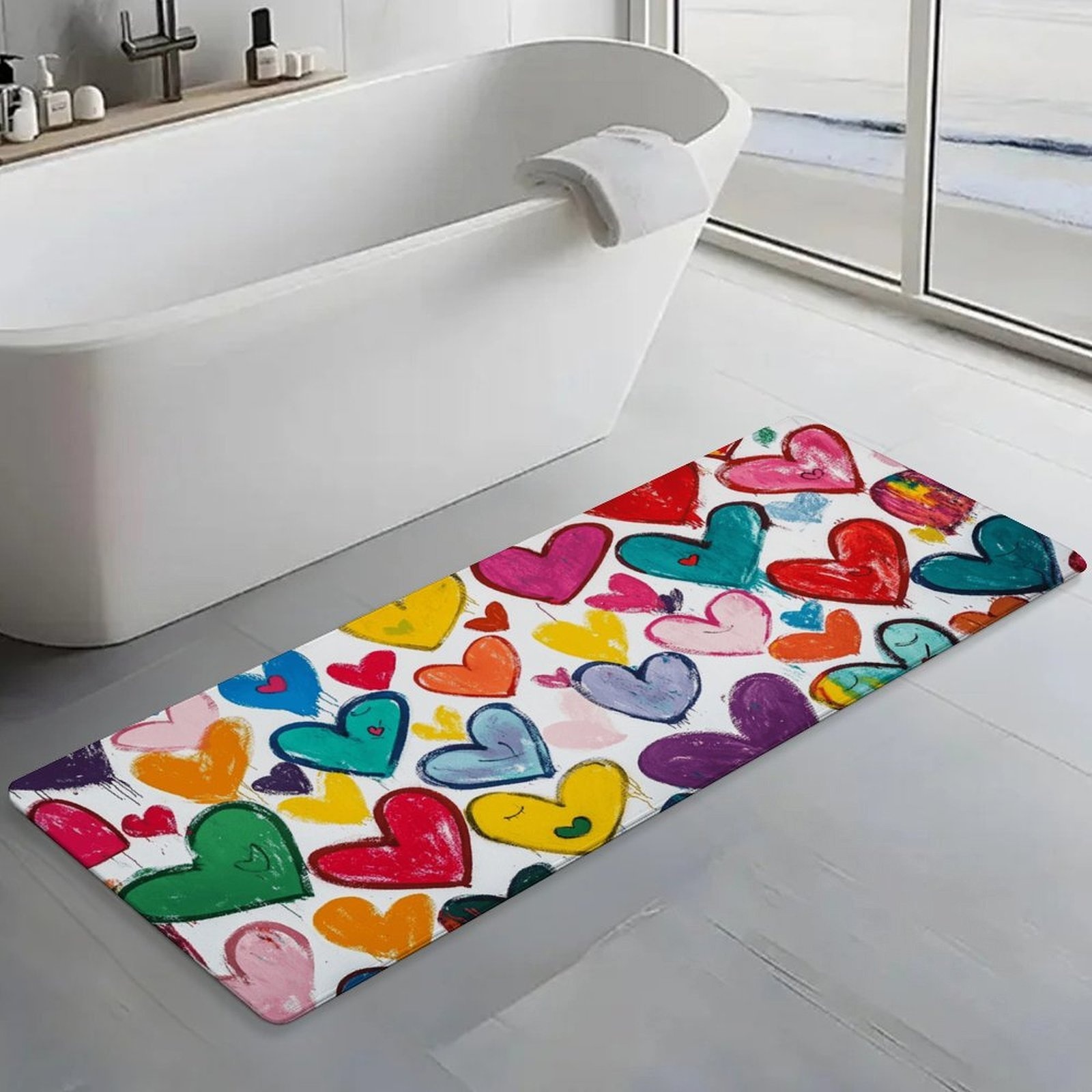 クレヨングラフィティ カラフルハート ロングランナーラグ フ - Home Bathroom Tub のレビューと価格