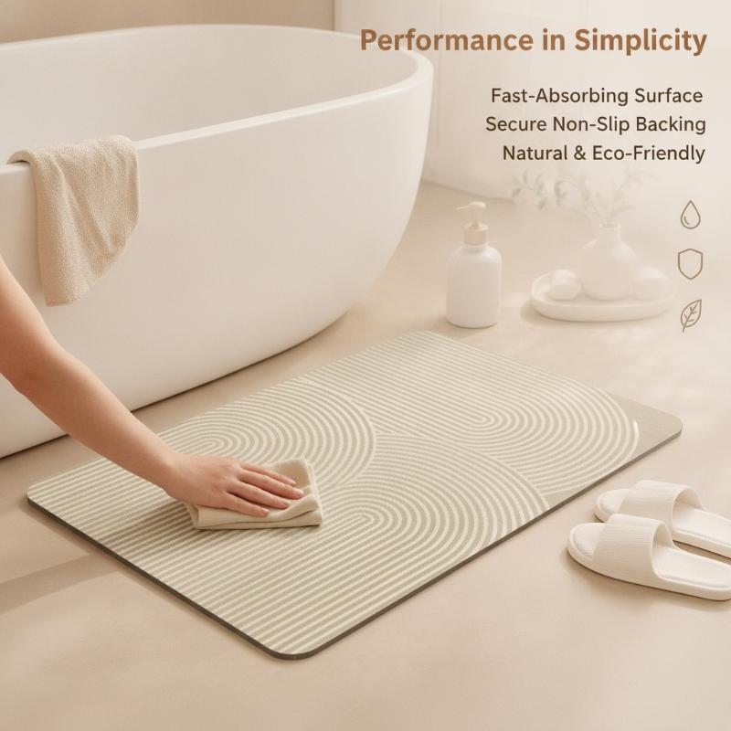 ベージュのストライプ柄珪藻土バスマット、速乾吸水、滑り止め加 - Non Slip Bath Mat のレビューと価格