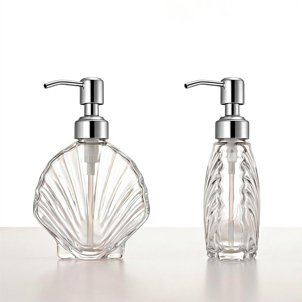 装飾的な貝殻ガラス製ソープディスペンサー、ステンレス製ポンプ - Home Bathroom Soap Dispenser のレビューと価格