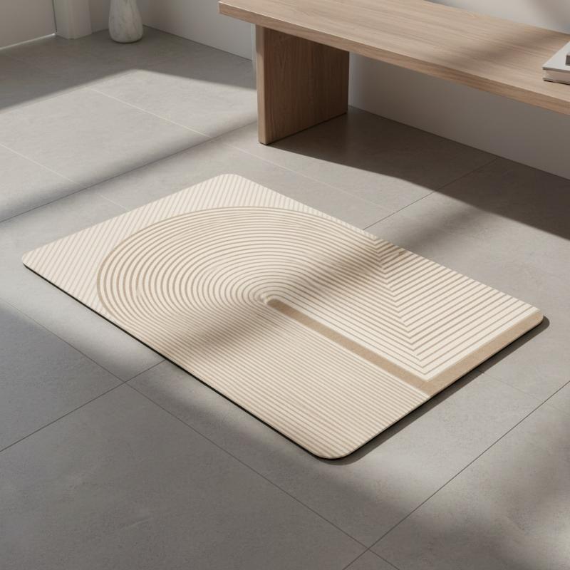 ベージュのストライプ柄珪藻土バスマット、速乾吸水、滑り止め加 - Non Slip Bath Mat のレビューと価格