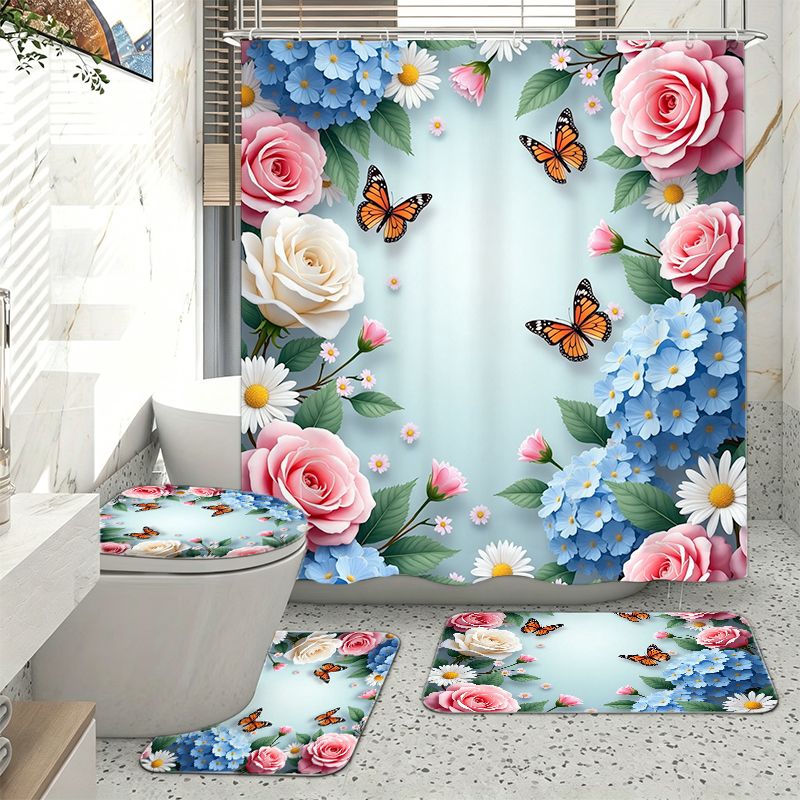 バラとアジサイと蝶のボーダー柄バスルーム4点セット、ピンクと - Home Bathroom Remodel のレビューと価格