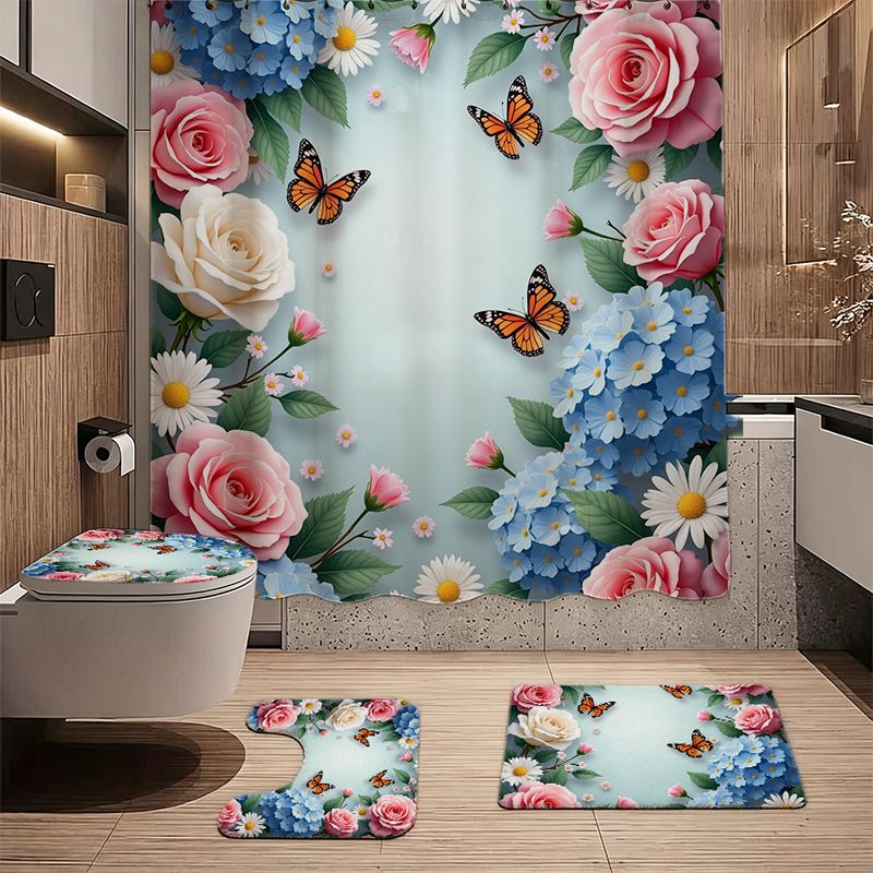 バラとアジサイと蝶のボーダー柄バスルーム4点セット、ピンクと - Home Bathroom Remodel のレビューと価格