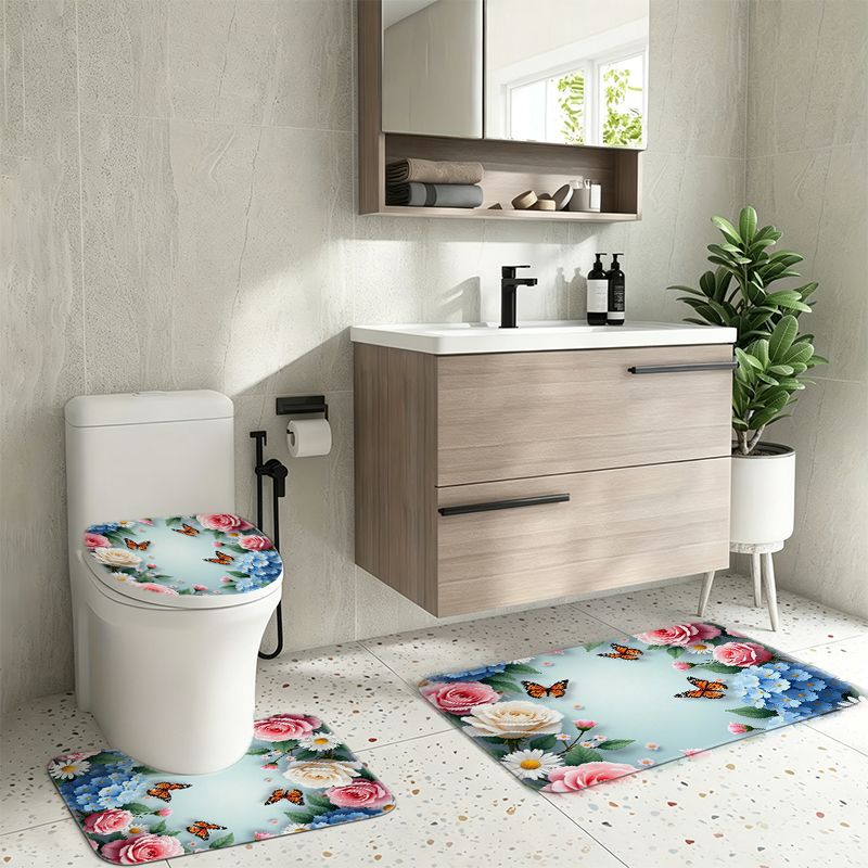 バラとアジサイと蝶のボーダー柄バスルーム4点セット、ピンクと - Home Bathroom Remodel のレビューと価格