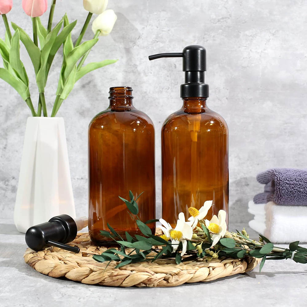 琥珀色のガラス製ソープディスペンサー、2個パック、17オンス - Home Bathroom Soap Dispenser のレビューと価格