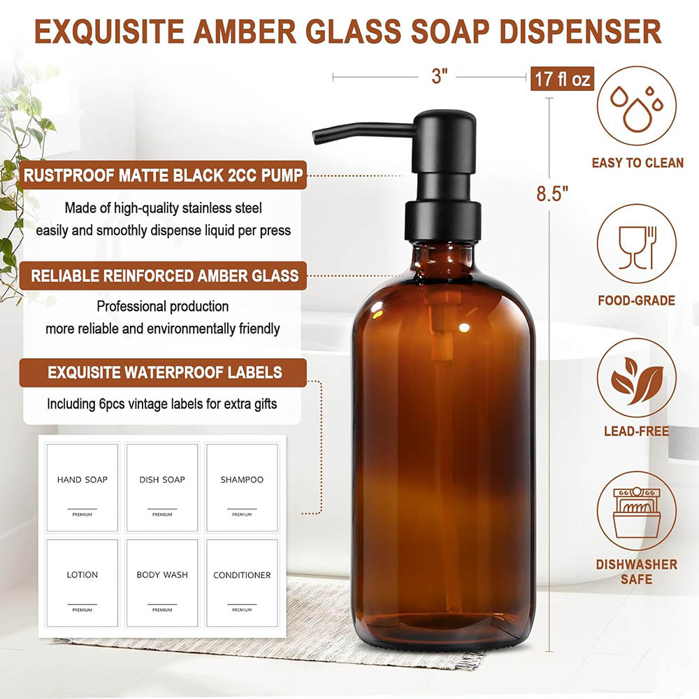 琥珀色のガラス製ソープディスペンサー、2個パック、17オンス - Home Bathroom Soap Dispenser のレビューと価格