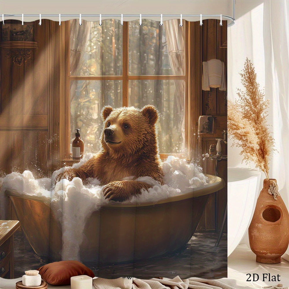 浴槽で入浴している楽しい茶色のクマが描かれたクマのシャワーカ - Home Bathroom Tub のレビューと価格