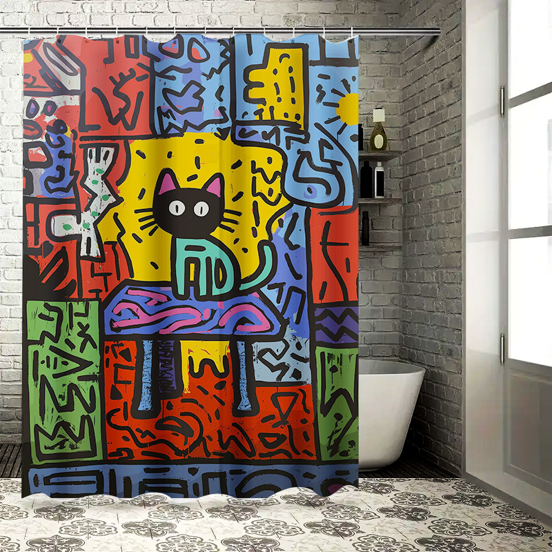 カラフルな落書きシャワーカーテン、抽象的な猫のデザインが特徴 - Home Bathroom Remodel のレビューと価格