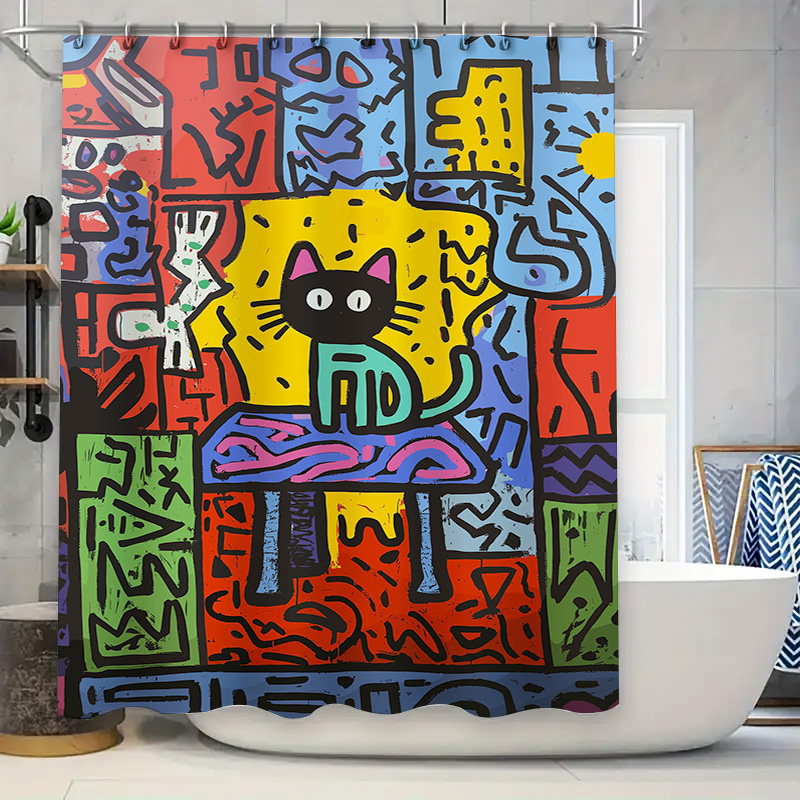 カラフルな落書きシャワーカーテン、抽象的な猫のデザインが特徴 - Home Bathroom Remodel のレビューと価格