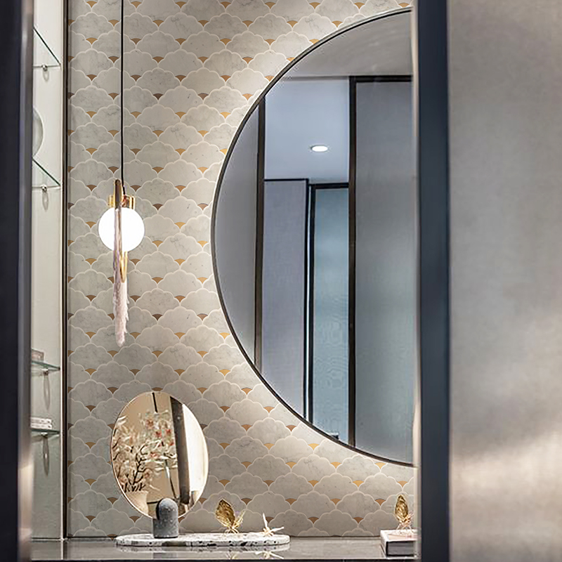 天然石ウォータージェット大理石モザイク壁タイル7mm、バスル - Home Bathroom Tiles Design のレビューと価格