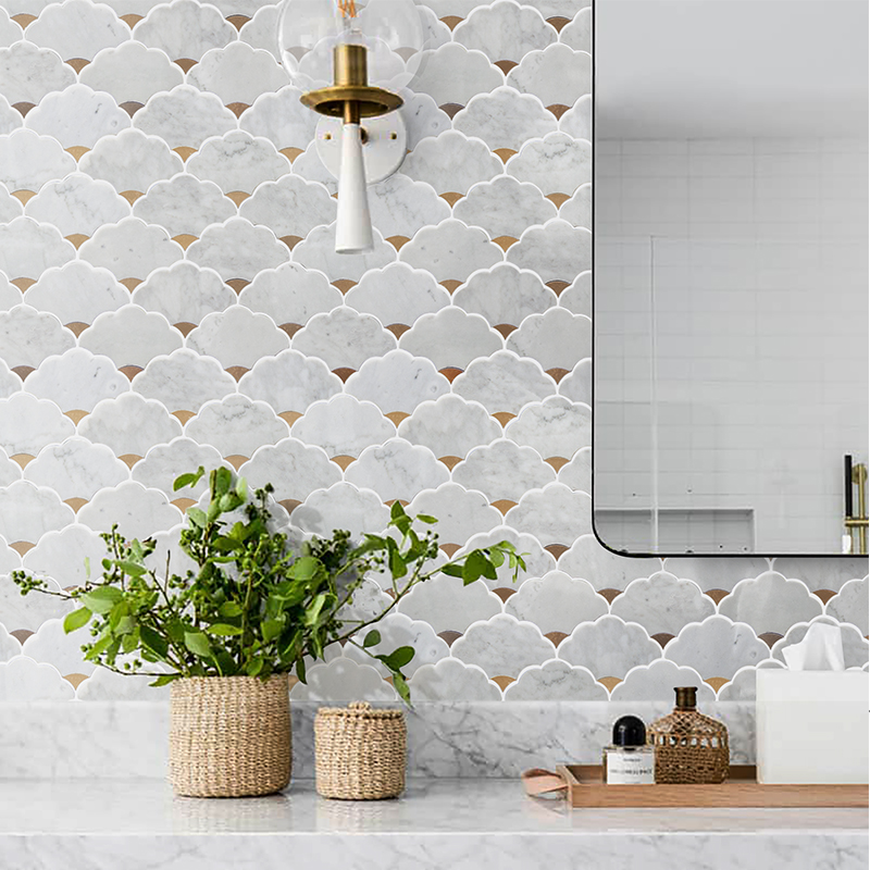 天然石ウォータージェット大理石モザイク壁タイル7mm、バスル - Home Bathroom Tiles Design のレビューと価格